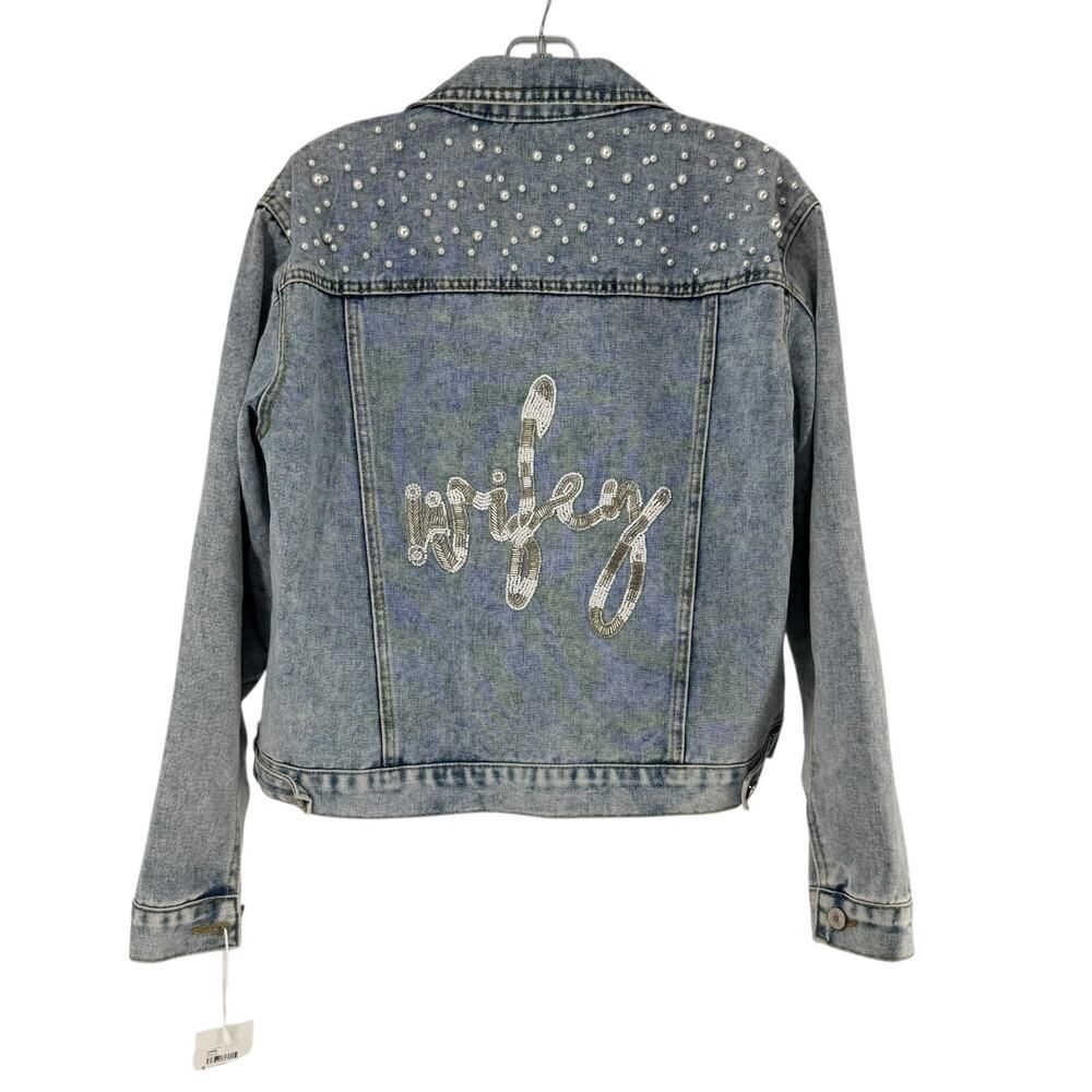 Heirloom Bridal Wifey Blue Jean Denim Jacket Pearl Beaded Seed Beading Small NEW